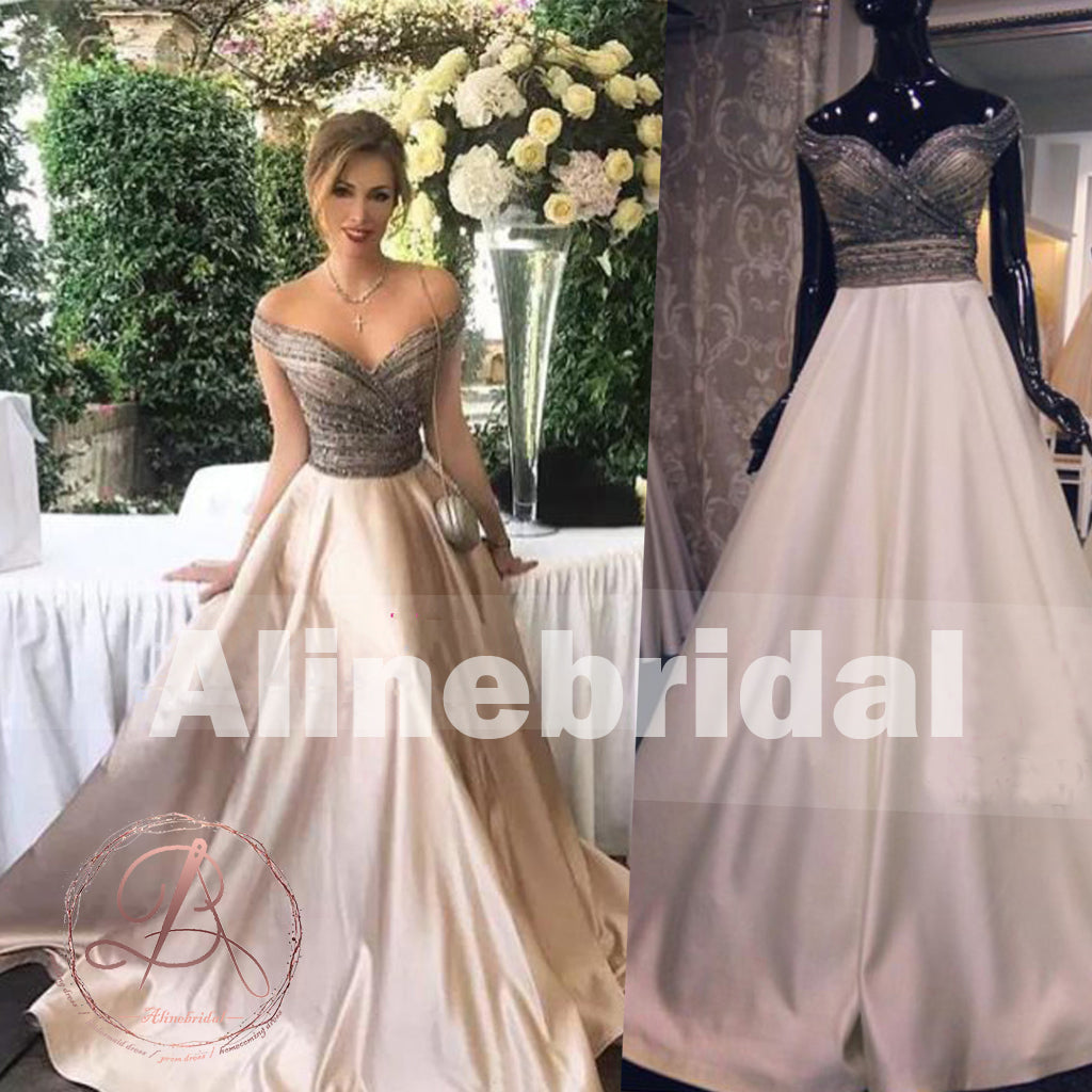 Popular Off Shoulder Sparkly Beaded Satin Ball Gown Prom Dresses,PD00061