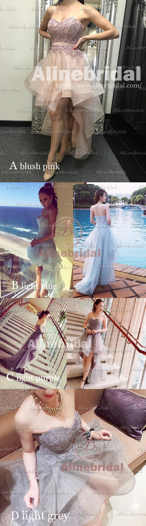 Popular High-low Sweetheart Strapless Organza Lace For Teens Homecoming Dresses,BD00216