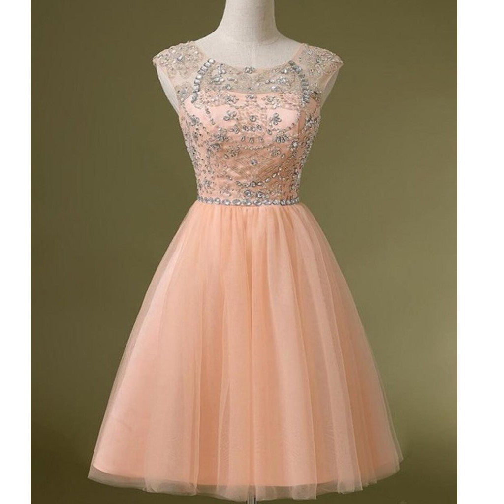 Peach Tulle Beaded Short Cute homecoming prom dresses, CM0031