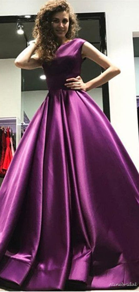 A-Line Bateau Floor-Length Pleated Purple Satin Modest Prom Dresses, PD1246