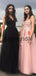 A-Line Black Pink v-Neck Tulle Long Gorgeous Prom Dresses PD1001