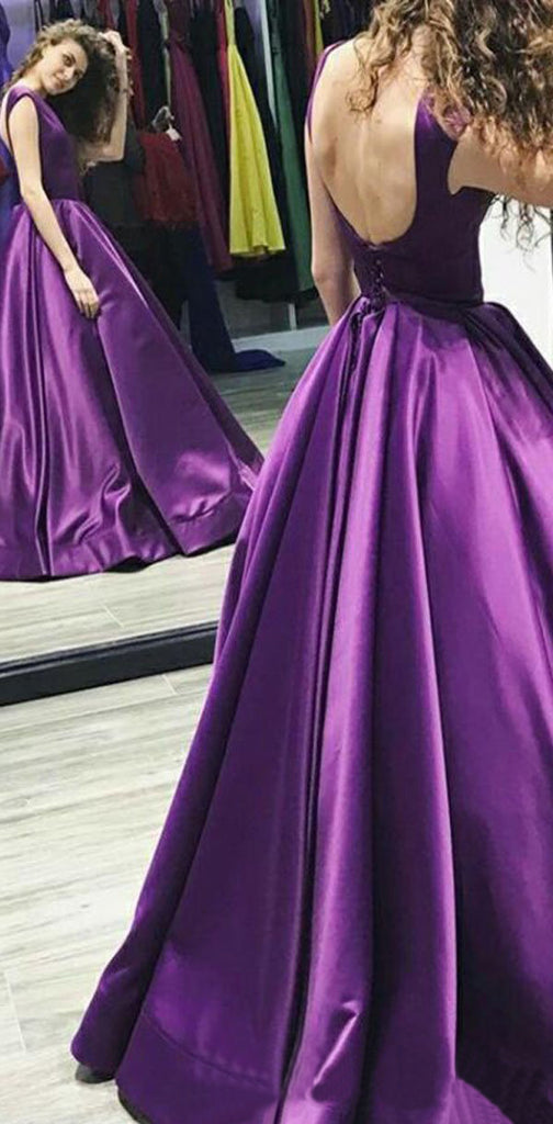 A-Line Bateau Floor-Length Pleated Purple Satin Modest Prom Dresses, PD1246
