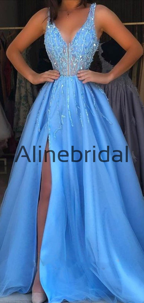 A-line Blue Charming Beading Gorgeous Long Prom Dresses ,Evening dress, PD1002