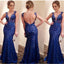 Long Blue Lace Sheath Sexy Backless Evening Mermaid Prom Dresses Online,PD0110