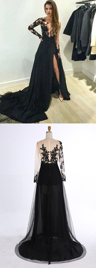 Long Sleeve Black Lace Sexy Charming Prom Dress , PD0013