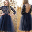Long Sleeve Lace Navy Blue Backless Sweet 16 Cocktail Junior Homecoming Dresses,PD0003
