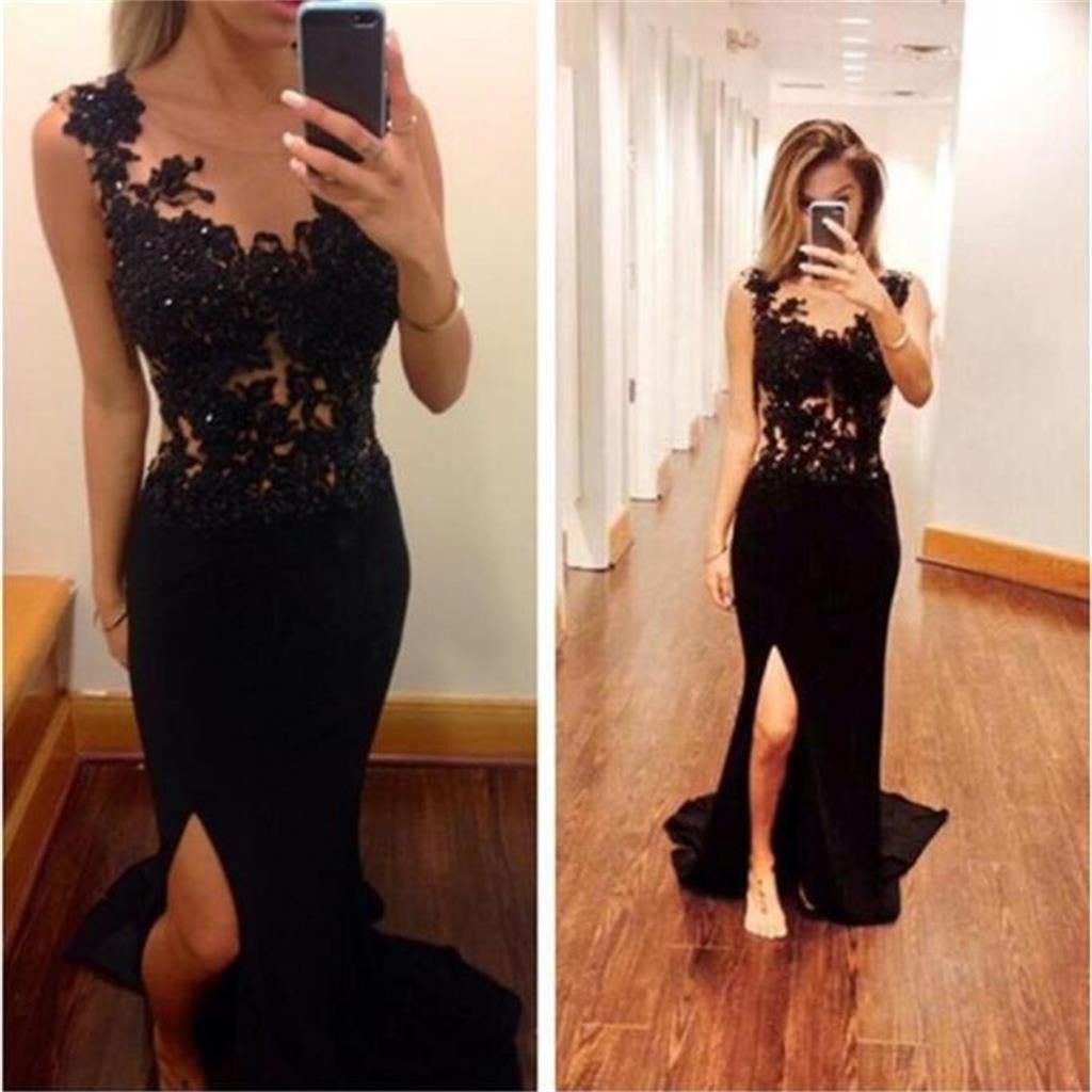 Long Black Lace Slip Side Sexy Open Back Casual Affordable Prom Dress,PD0031
