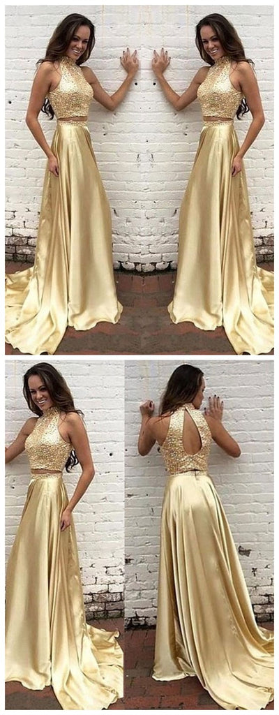 New Arrival Gold Two Pieces High Neck Pretty Sparkly Evening Party Prom Dress,PD0062