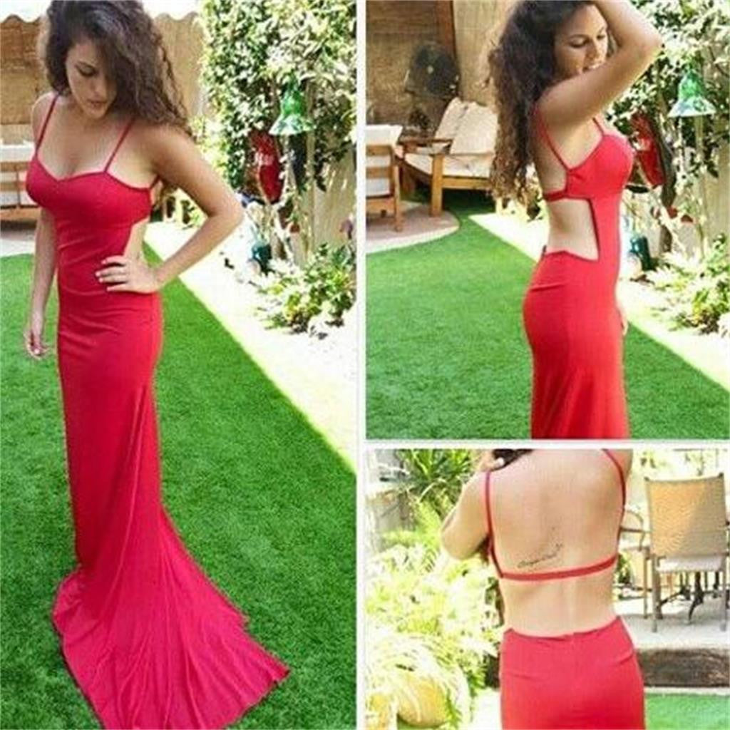 New Arrival Red Spaghetti Straps Open Back Unique Evening Party Prom Dress,PD0064