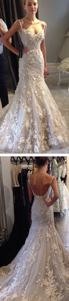 Mermaid Sexy Backless Gorgeous Appliques Spaghetti Strap Wedding Dresses, WD0129
