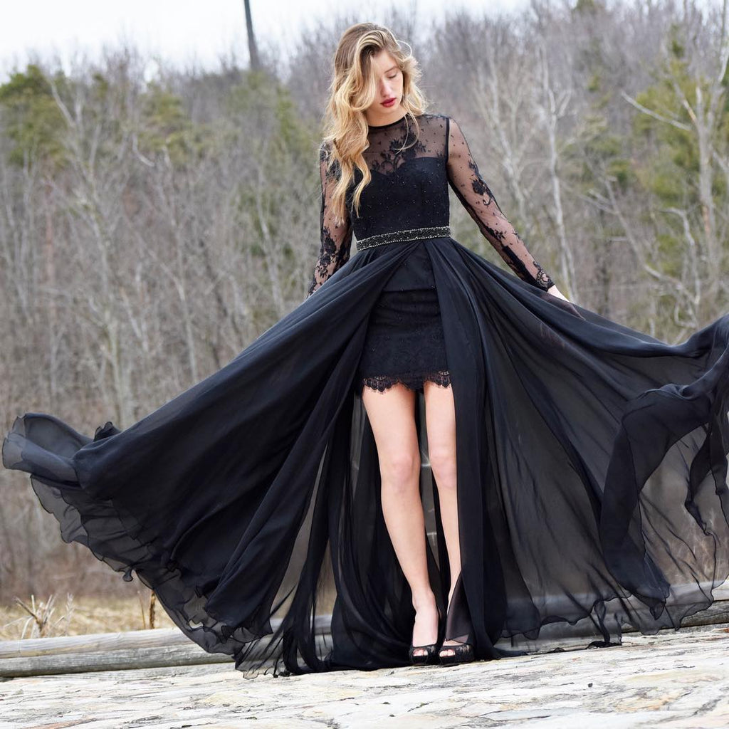 Black Lace Long Sleeve Beaded Sash Sheath Tight Prom Dresses,PD00083