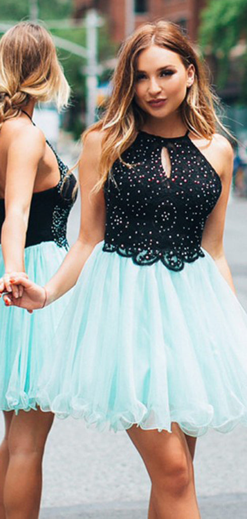Black Lace Tiffany Blue Tulle Beading Halter Homecoming Dresses,HD0026