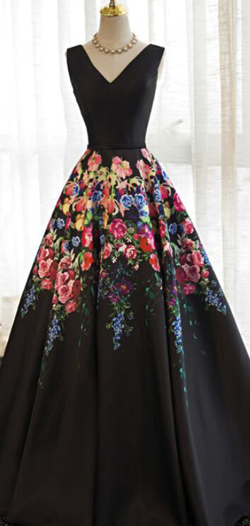 Black Satin Floral Prints Sleeveless Lace Up Back Prom Dresses,PD00295