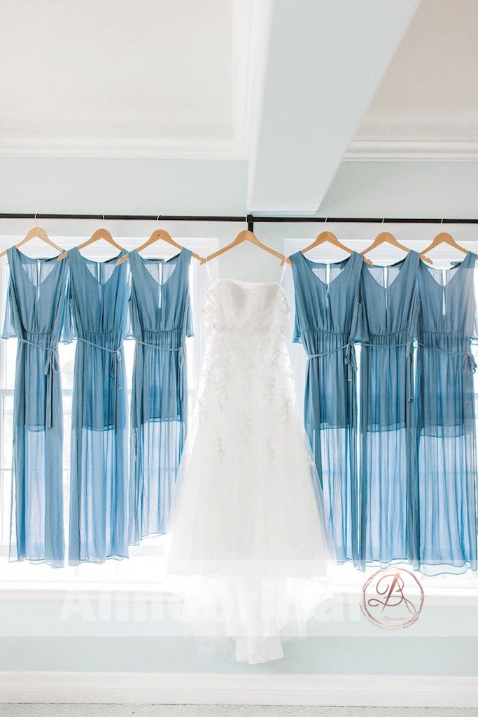 Blue Chiffon V-neck Simple Beach Wedding Bridesmaid Dresses With Splits, AB1226