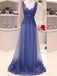 Blue Lace Open Back A-line Elegant Vintage Formal Evening Gown Prom Dress. PD071