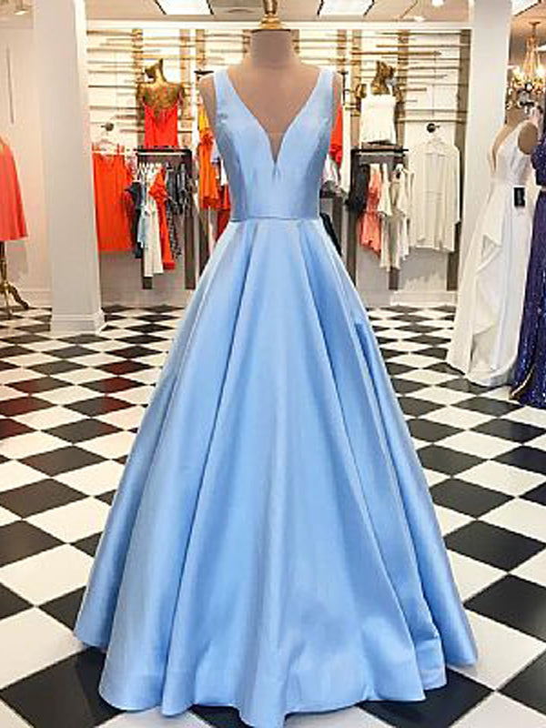 Blue Satin V-neck  Sleeveless A-line Elegant Prom Dresses,PD00353