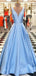 Blue Satin V-neck  Sleeveless A-line Elegant Prom Dresses,PD00353