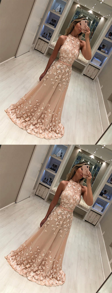 Blush Pink Butterfly Applique High Neck A-line Long Prom Dresses.PD00248