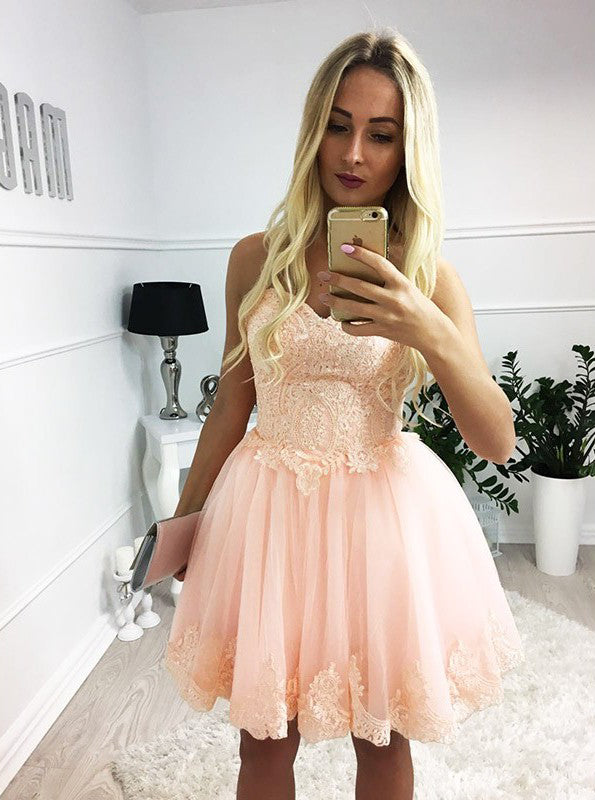 Blush Pink Lace Sweetheart Strapless Lace Up Back Homecoming Dresses,BD0055