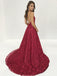 Burgundy Lace Halter Backless With Side Splits Prom Dresses. PD00262