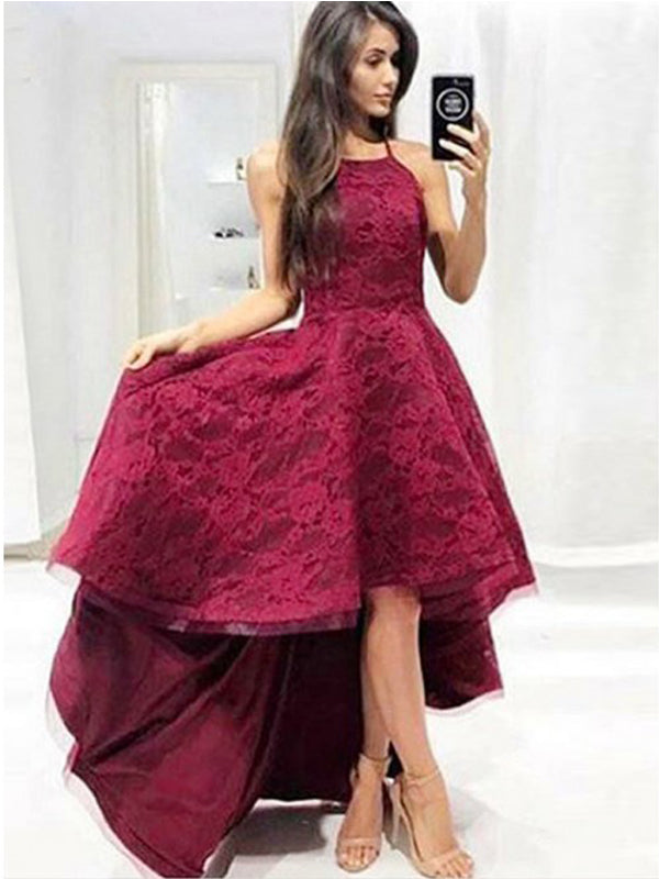 Burgundy Lace High Low Spaghetti Straps Charming A-line Prom Dresses ,PD0130