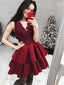 Burgundy Lace Satin Tiered Sleeveless V-neck Homecoming Dresses,HD0029