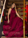 Burgundy Lace Unique Halter A-line Long Prom Dresses.PD00275