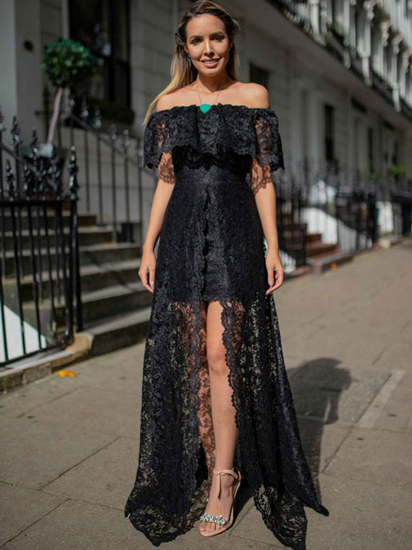 Charming Black Lace Off Shoulder Front Slit A-line Prom Dresses.PD00269
