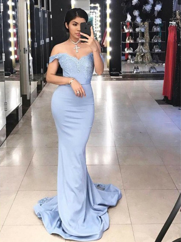 Charming Blue Lace Off Shoulder Mermaid Long Prom Gown Dresses,PD00042