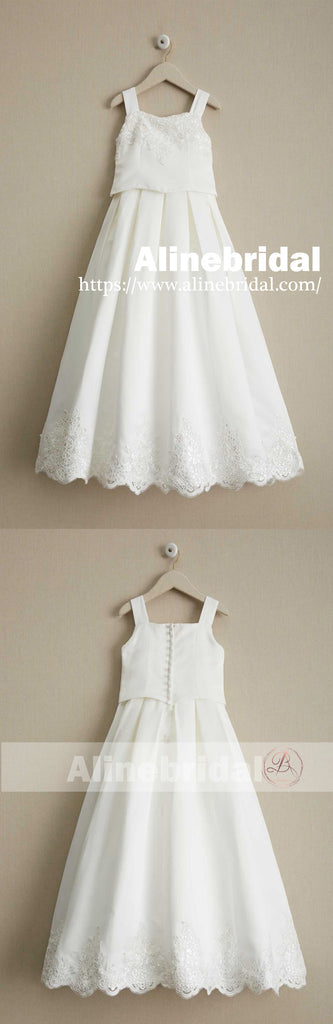 Charming Elegant Ivory Lace Square Neck Sleeveless Long A-line Flower Girl Dresses , FGS091
