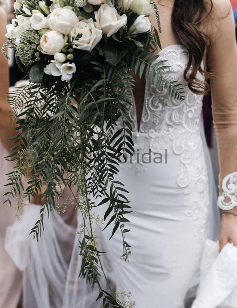 Charming Illusion Long Sleeve Lace Applique Mermaid Wedding Dresses, AB1515