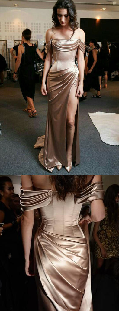 Charming Simple Pleating Satin Silt Off Shoulder Prom Dresses,PD00186