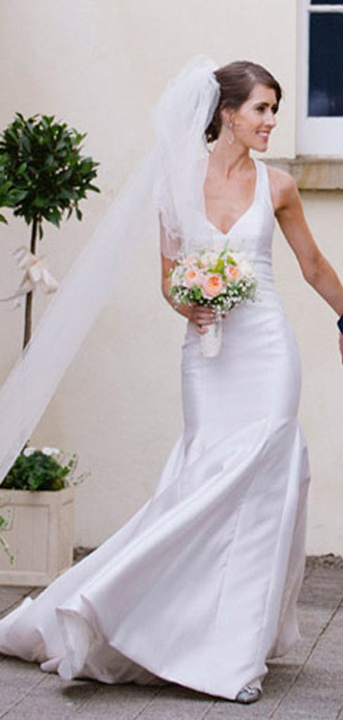 Cheap Simple Satin Sleeveless V-neck Criss-Cross Back Floor Length Wedding Dress, AB1105