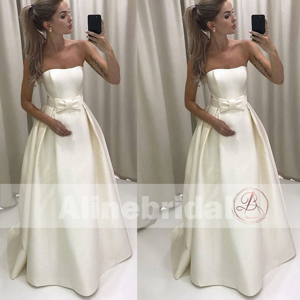 Cheap Ivory Satin Strapless Ball Gown Wedding Dresses With Bow Sash, AB1148