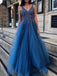 Dark Blue Tulle Sequin Beads V-neck Backless Prom Dresses ,PD00362