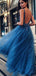 Dark Blue Tulle Sequin Beads V-neck Backless Prom Dresses ,PD00362