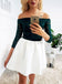 Dark Green Lace Top Ivory Satin Off Shoulder Simple Homecoming Dresses ,BD0063