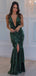 Dark Green Velvet Beading Mermaid Halter Slit Prom Dresses.PD00260