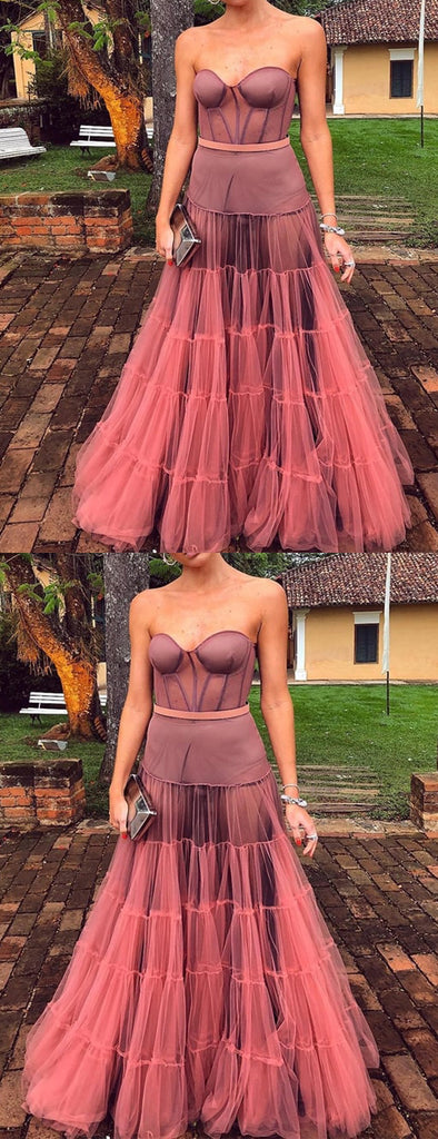 Dark Peach Tulle Sweetheart Strapless Illusion Prom Dresses,PD00308