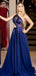 Dark Royal Blue Chiffon Shiny Applique Backless One Shoulder Prom Dresses,PD00208