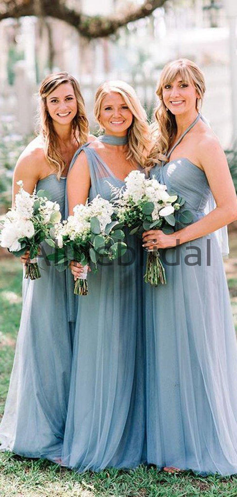 Dusty Blue Tulle Convertible A-line Long Bridesmaid Dresses, AB4050