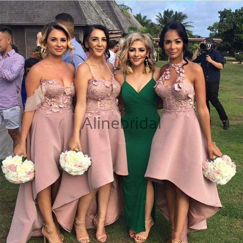 Dusty Pink Lace Mismatched High Low Fashion Bridesmaid Dresses, AB4035