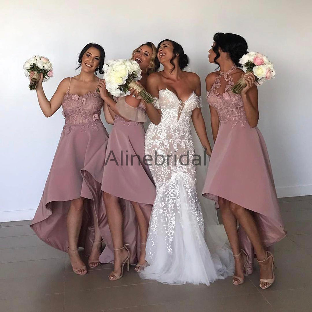 Dusty Pink Lace Mismatched High Low Fashion Bridesmaid Dresses, AB4035
