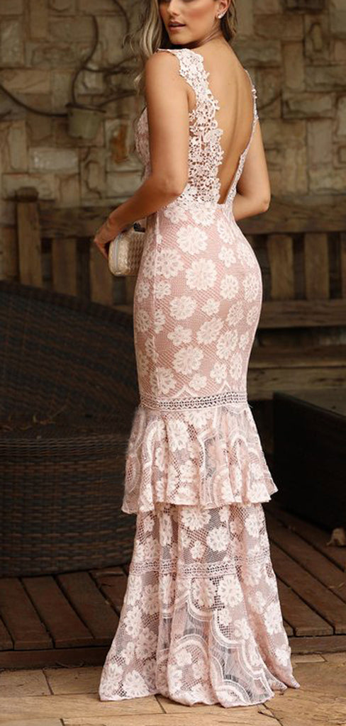 Dusty Pink Lace Tiered Mermaid Boho Long Prom Dresses.PD00273