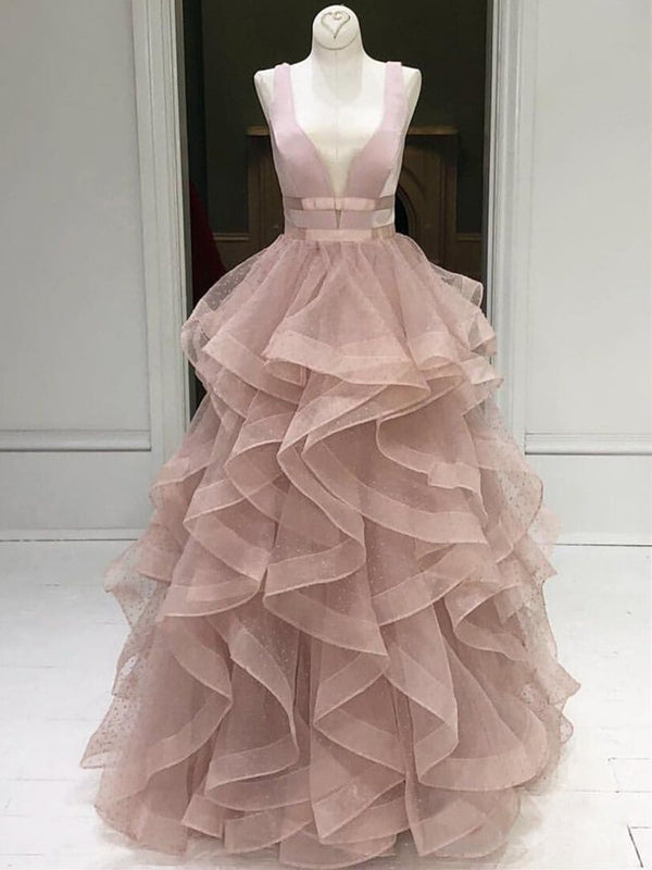 Dusty Pink Ruffles Ball Gown Sleeveless Prom Dresses ,PD00302