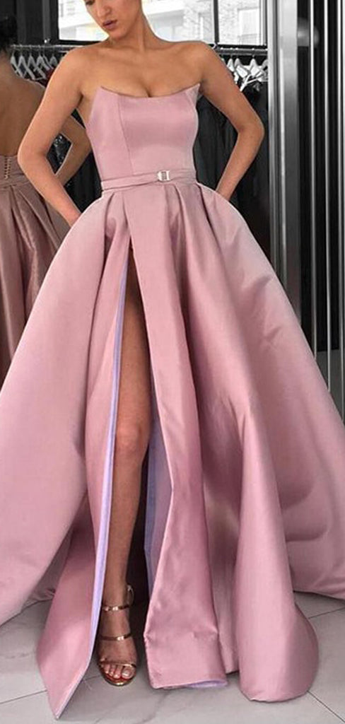 Dusty Pink Satin Strapless Pockets Ball Gown Prom Dresses,PD00151