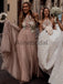 Dusty Pink Tulle Mint Applique Spaghetti Strap Backless Bridesmaid Dresses, AB4113