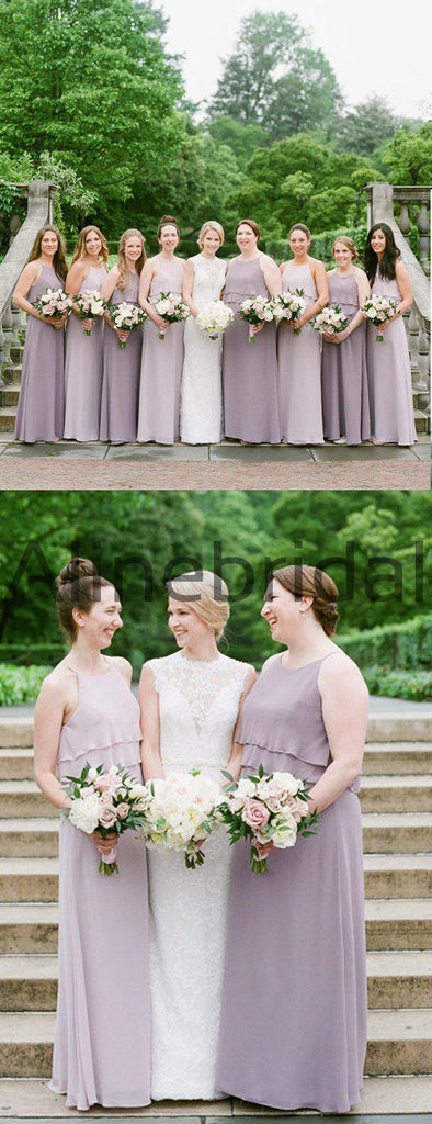 Dusty Purple Chiffon Spaghetti Strap A-line Long Bridesmaid Dresses, AB4133