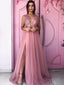 Dusty Rose Beading Tulle Sleeveless A-line Prom Dresses,PD00187