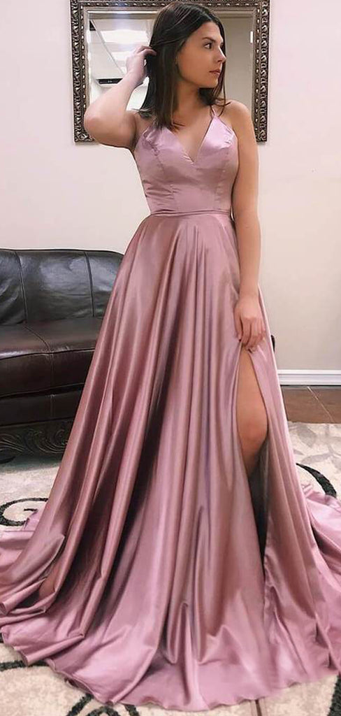 Dusty Rose Elastic Satin Spaghetti Strap Lace Up Back With Slit Prom Dresses,PD00374